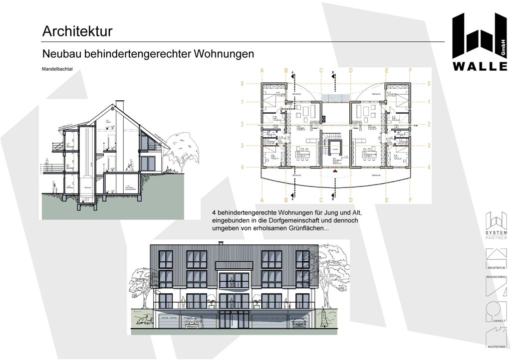 Entwurf Neubau von behindertengerechten Wohnungen,  Mandelbachtal. Behindertengerechte Wohnunen für Jung und Alt, eingebunden in die Dorfgemeinschaft und dennoch umgeben von erholsamen Grünflächen.